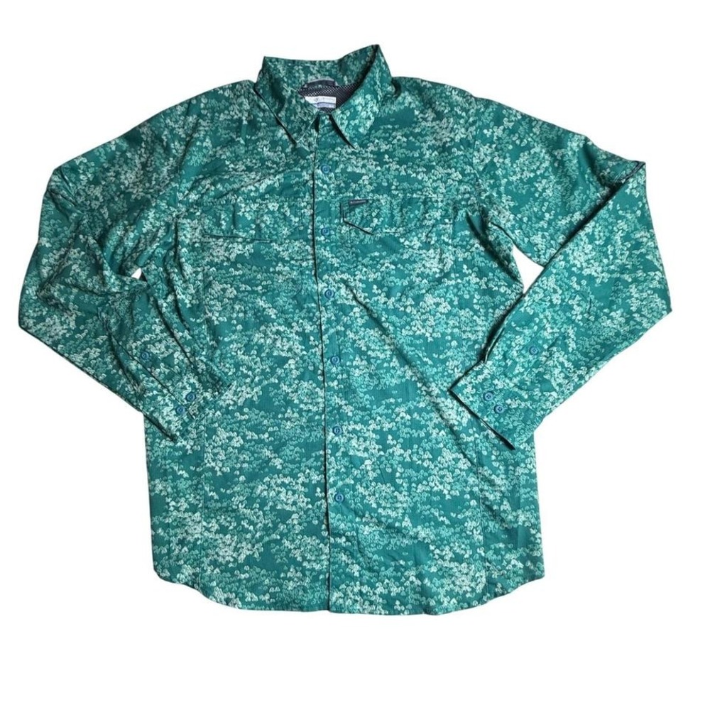 Columbia Men's Green Floral Long Sleeve Button-Up Shirt, Lightweight-924